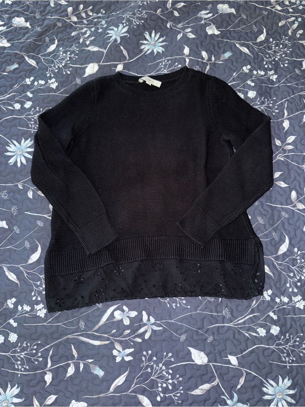 LOFT Black Crewneck Sweater with Eyelet Trim